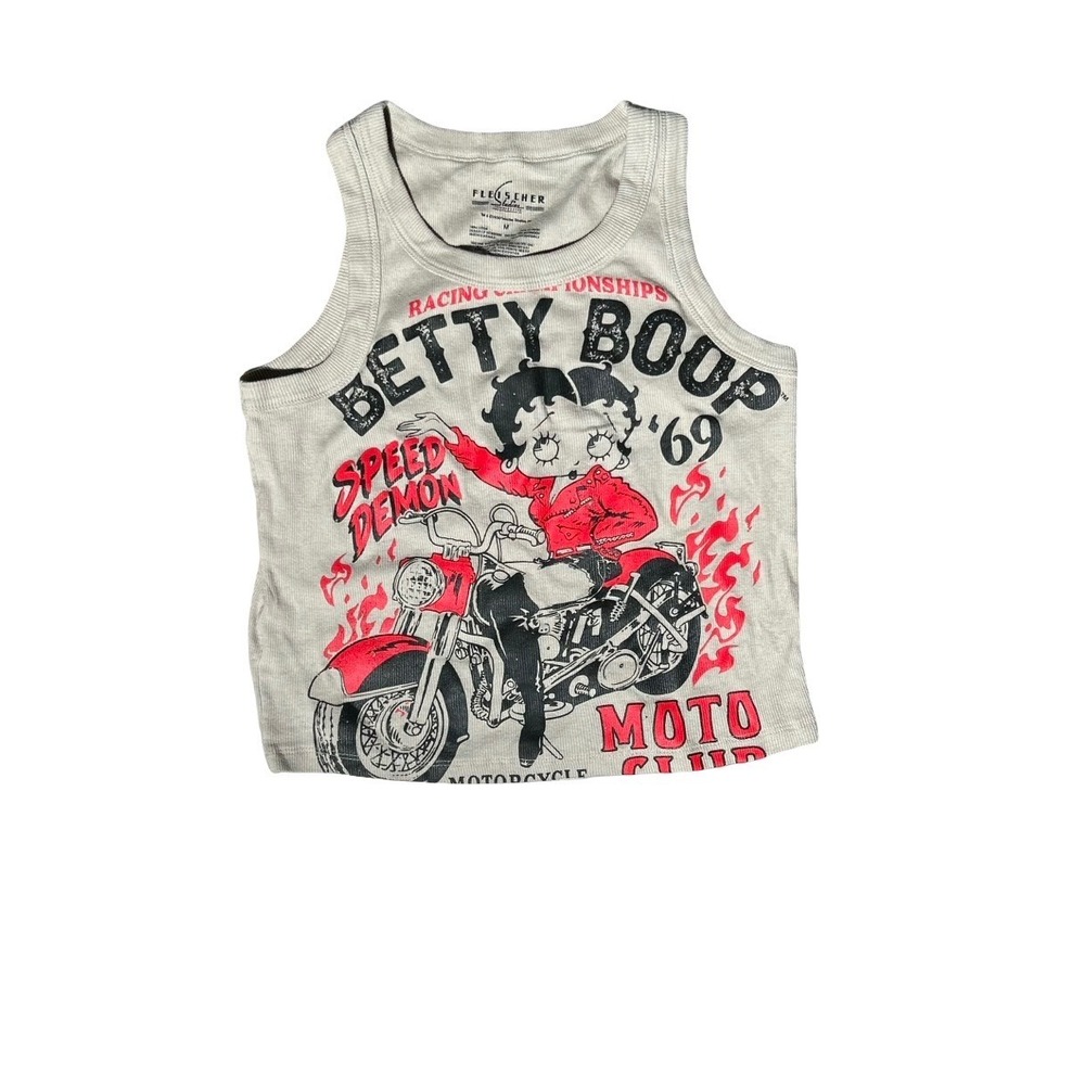 Betty Boop Speed Demon Motorcycle Ribbed Tank Top Oatmeal Gray Medium